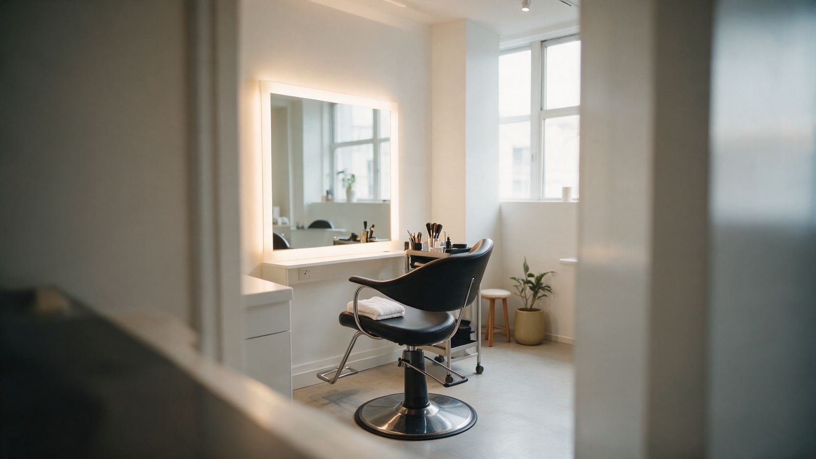 A styling chair and backlit mirror inside a Kore studio